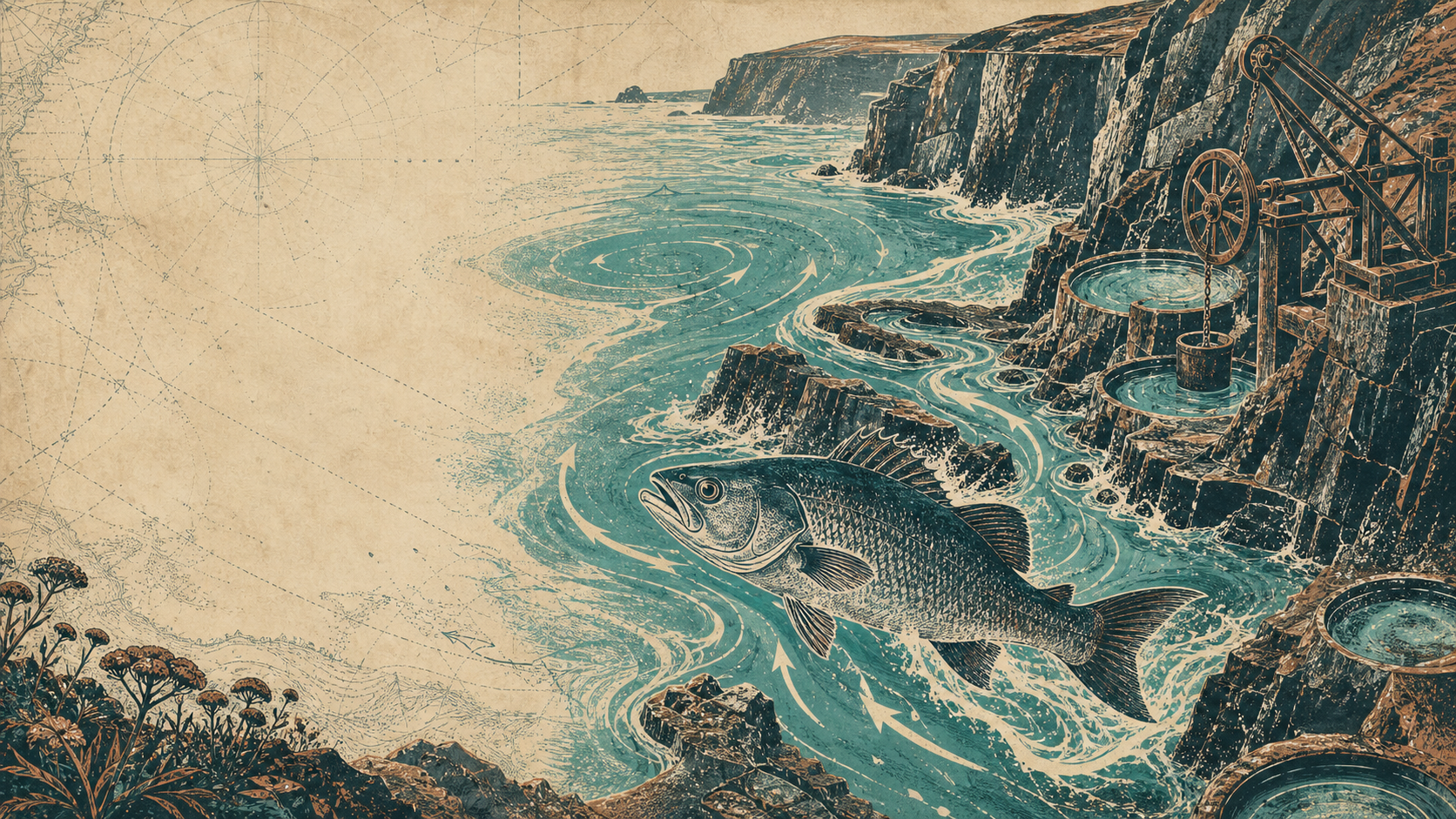 Bass moving through illustrated Cornish tidal channels